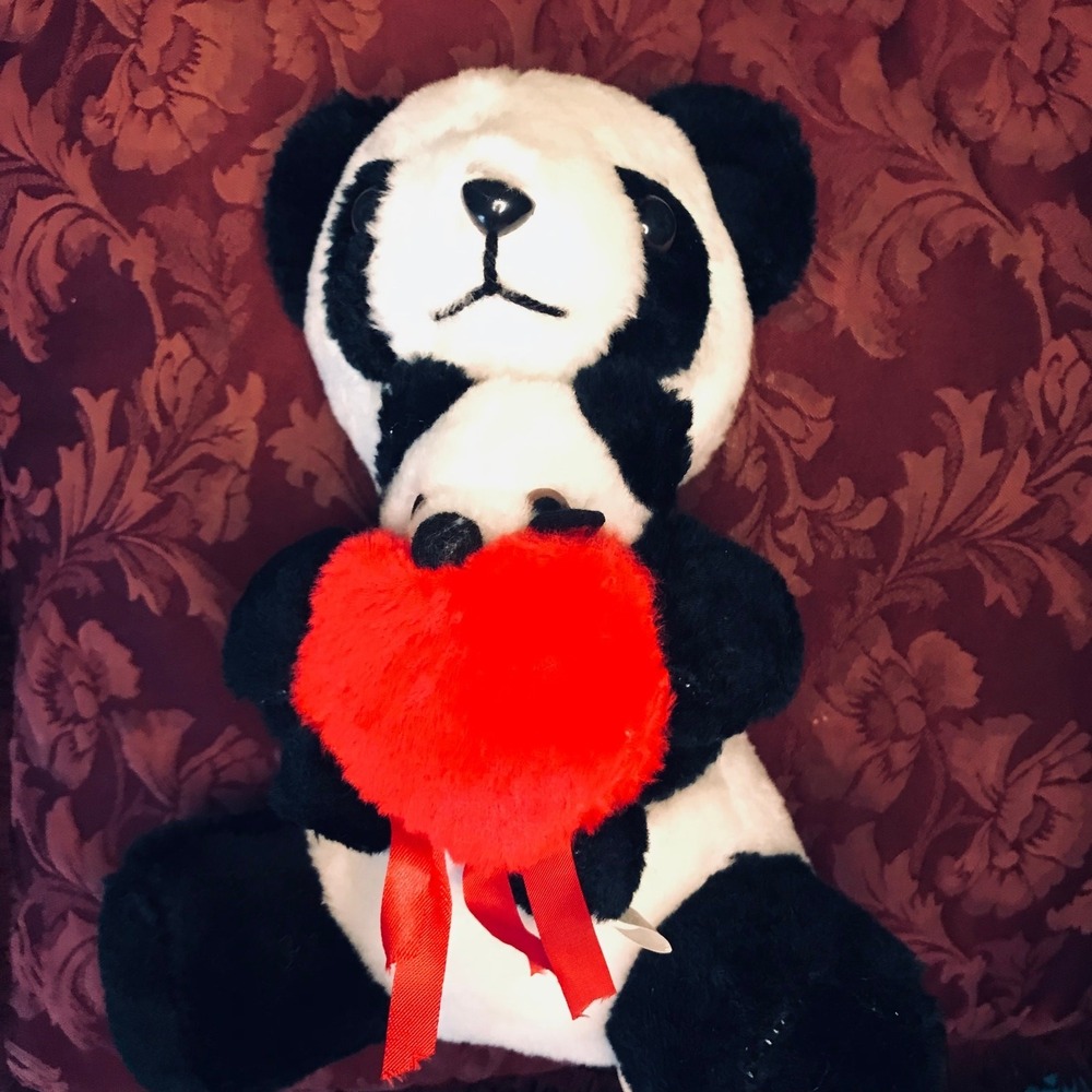Vintage Panda Mama Bear With Baby Red Heart. Tag Says Made In Korea